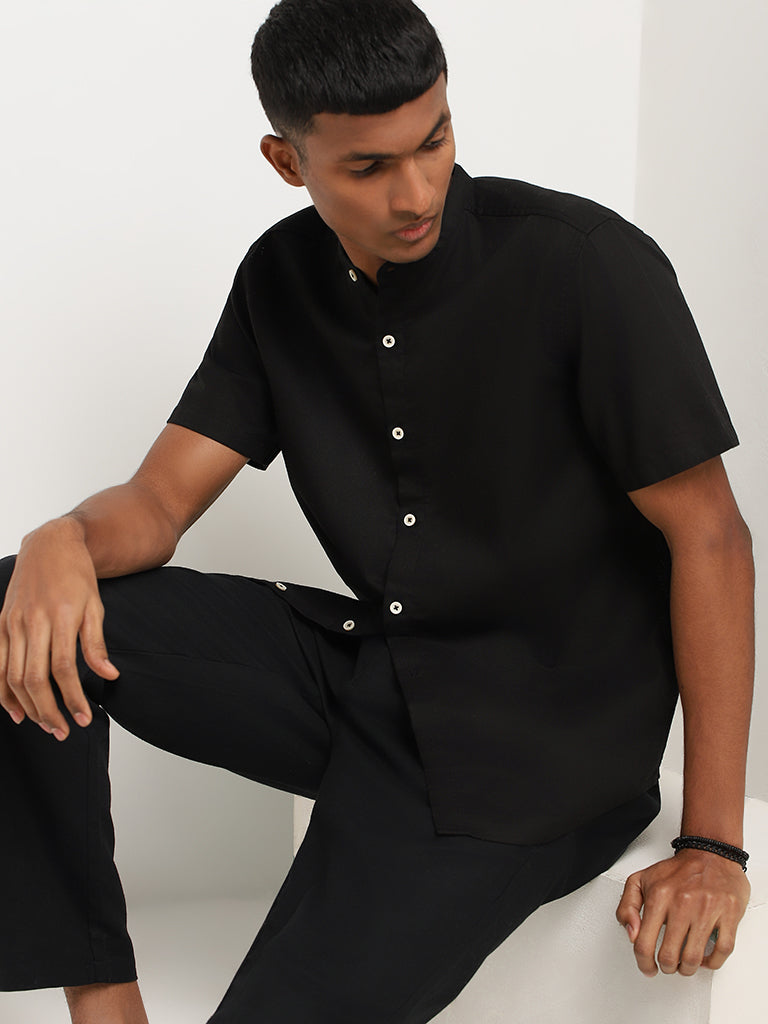 ETA Self-Patterned Black Cotton Resort Fit Shirt