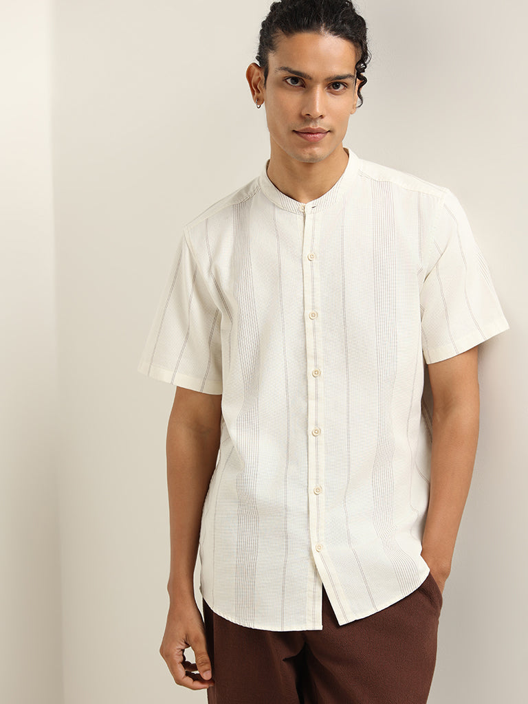 ETA Cream Striped Cotton Resort Fit Shirt