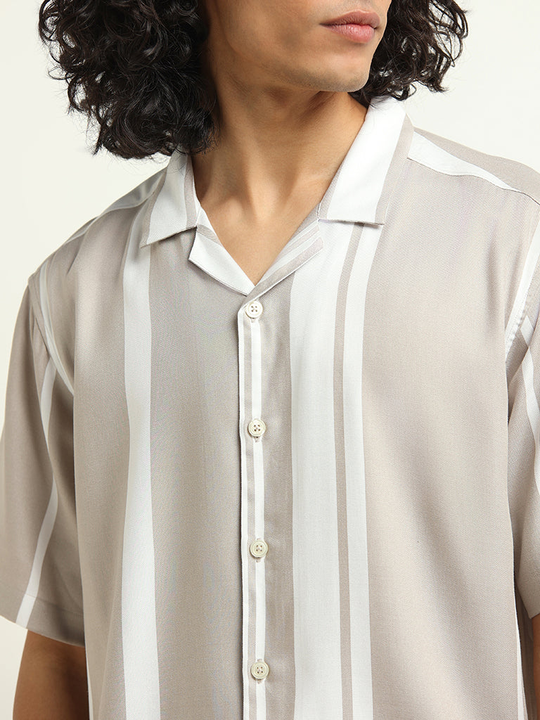 Nuon Beige Striped Cotton Resort Fit Shirt