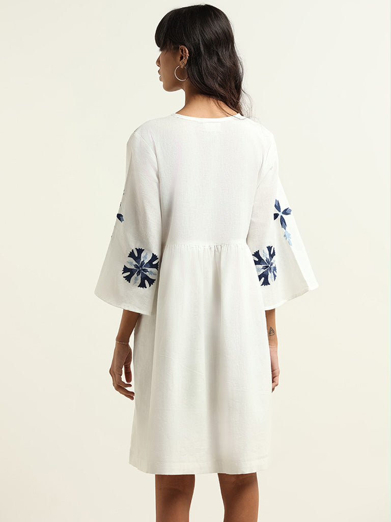 Bombay Paisley White Cotton Blended Linen Dress