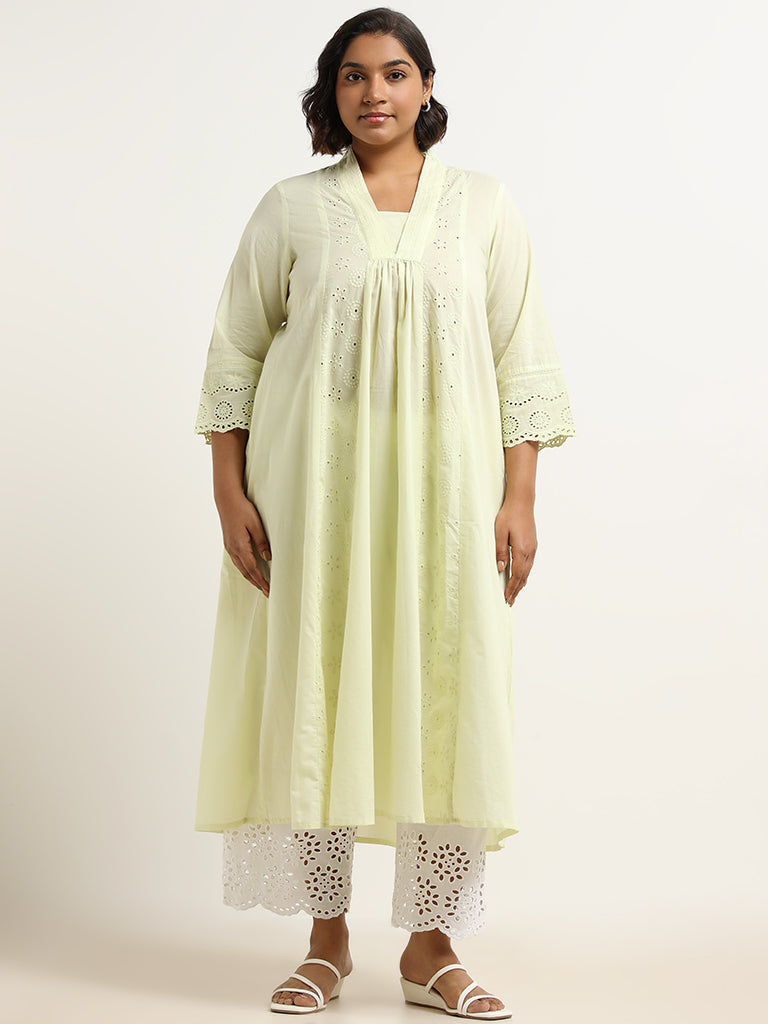 Diza Yellow Schiffli Cotton Kurta