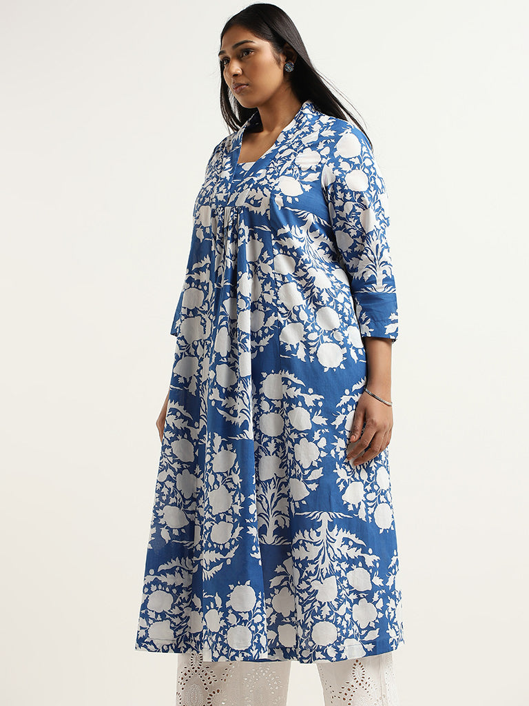 Diza Blue Printed Cotton Kurta