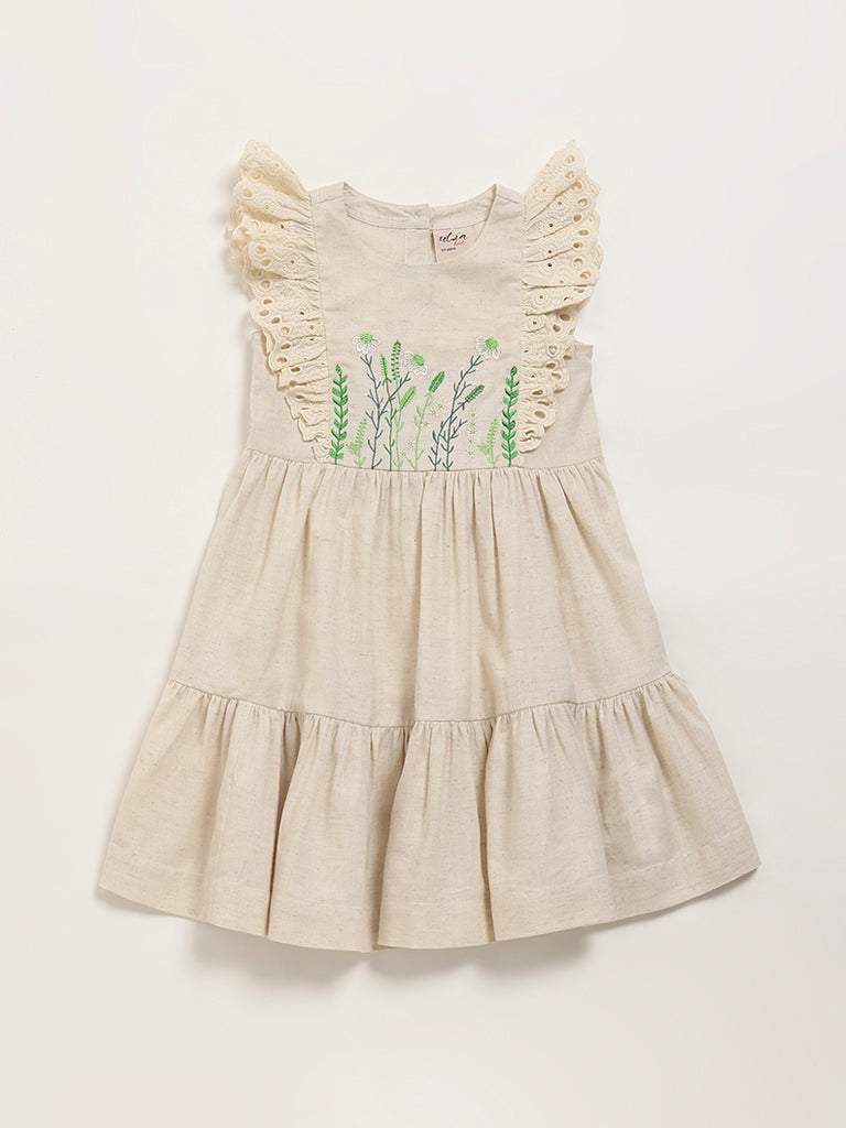 Utsa Kids Beige Embroidered Dress (8 -14yrs)