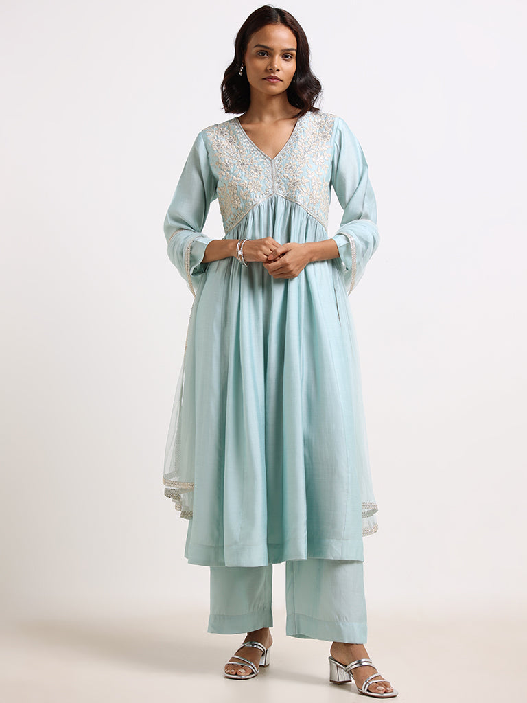 Vark Teal Blue Embroidered Kurta Set