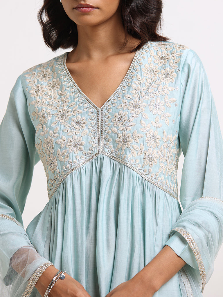 Vark Teal Blue Embroidered Kurta Set