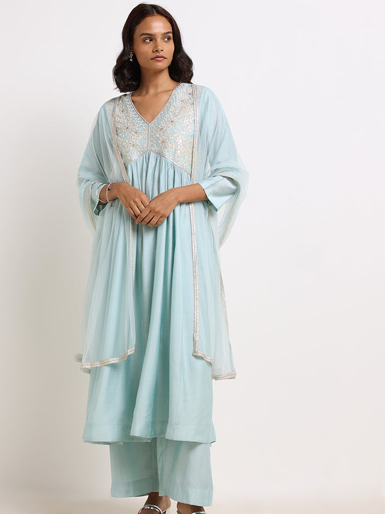 Vark Teal Blue Embroidered Kurta Set