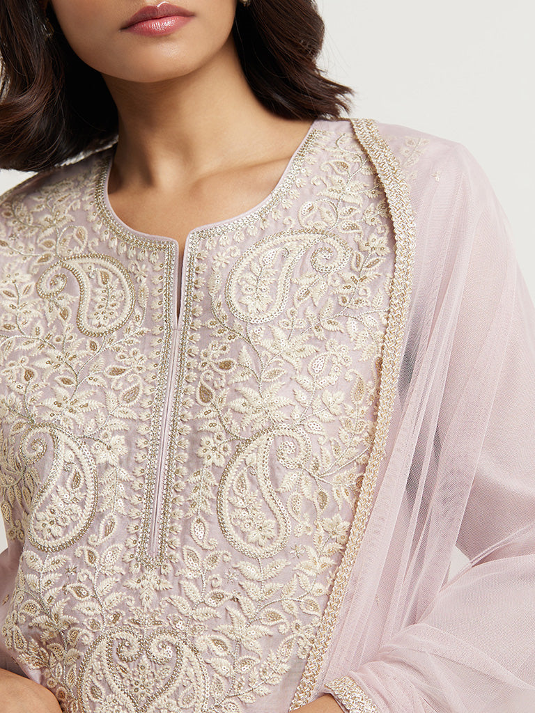 Vark Pastel Lilac Kurta, Palazzos & Dupatta Set