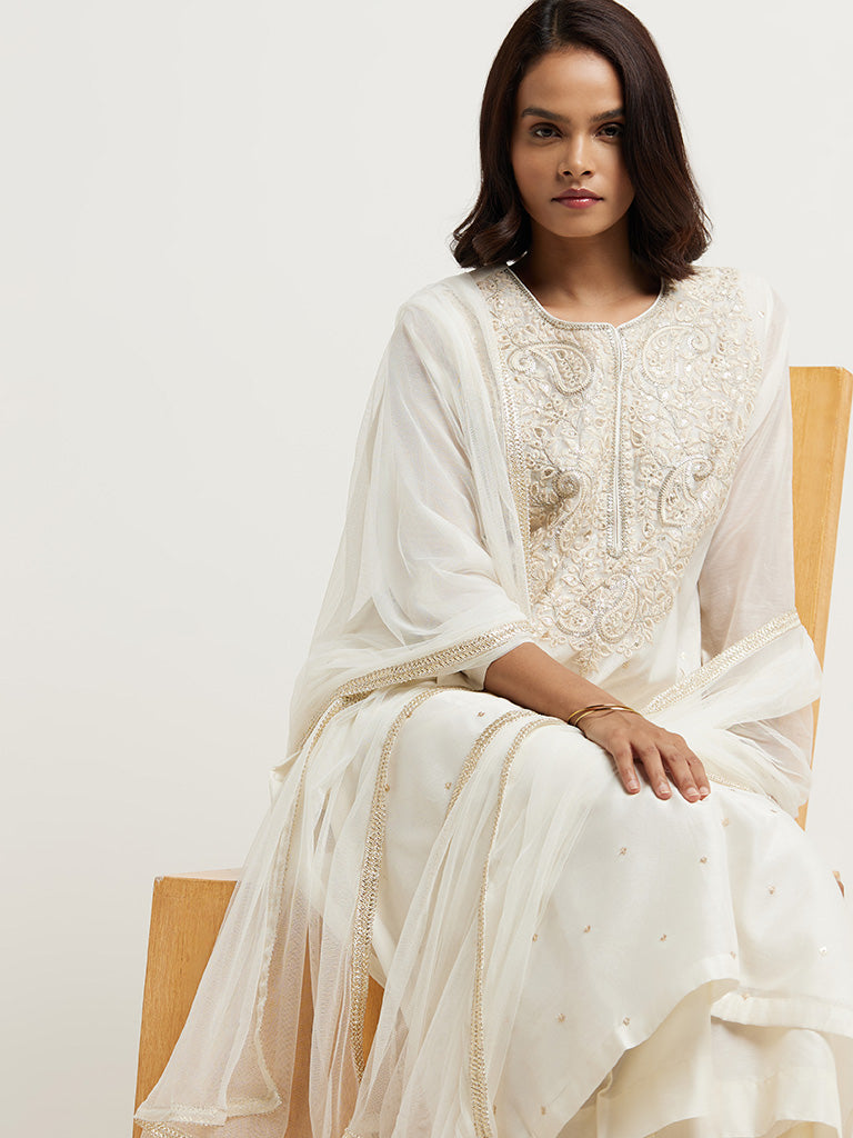 Vark Off White Kurta, Palazzos & Dupatta Set