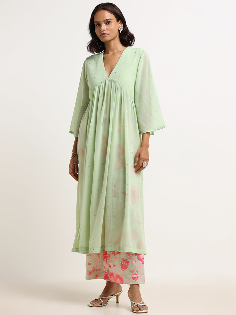 Vark Green Embellished Kurta & Palazzos Set