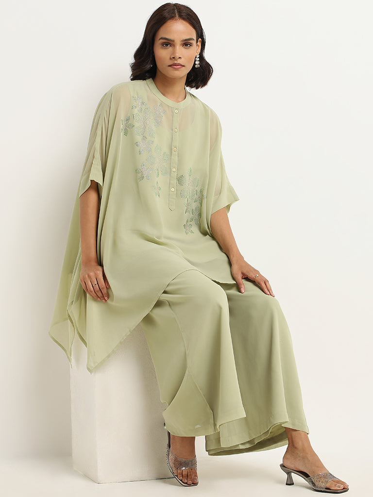 Vark Green Glitter Printed Kaftan Set