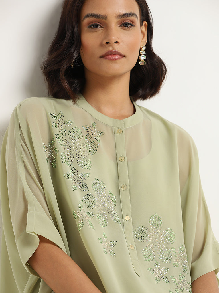 Vark Green Glitter Printed Kaftan Set