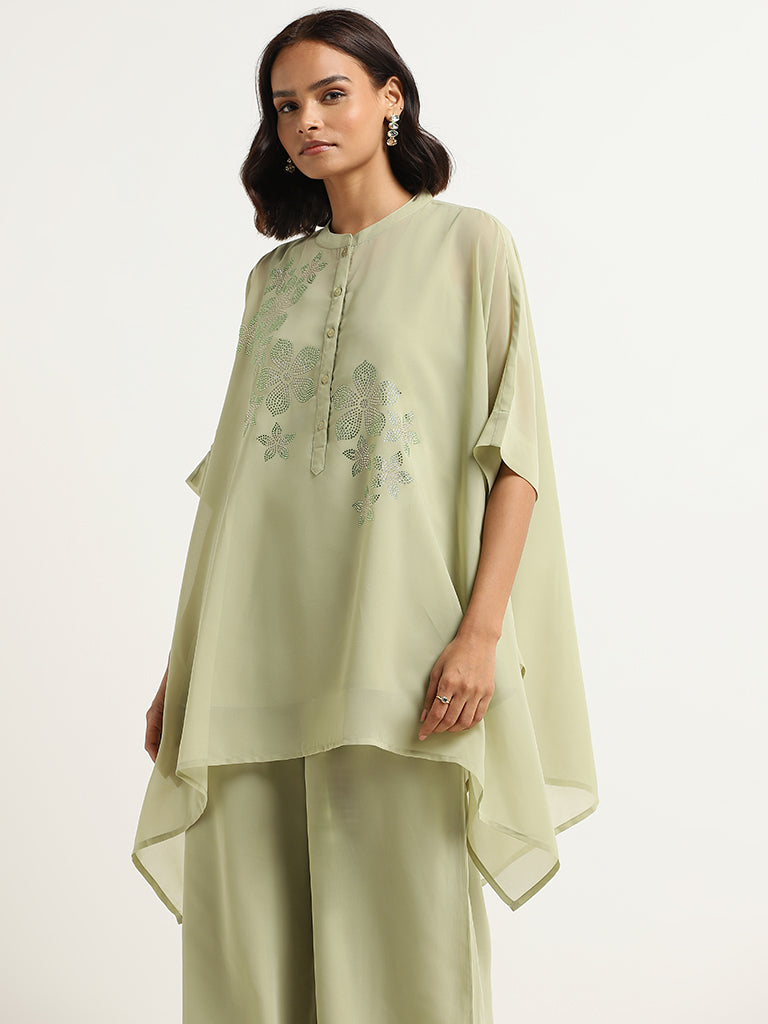 Vark Green Glitter Printed Kaftan Set