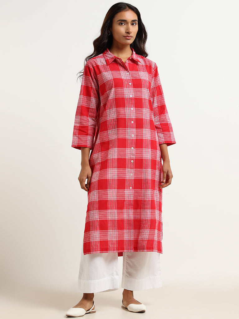 Utsa Red Checkered Cotton Kurta