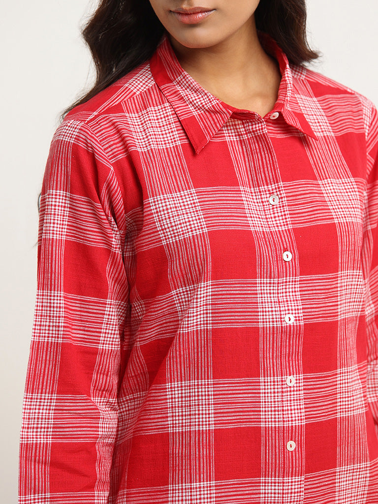 Utsa Red Checkered Cotton Kurta