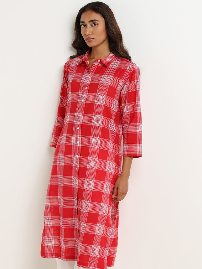 Utsa Red Checkered Cotton Kurta