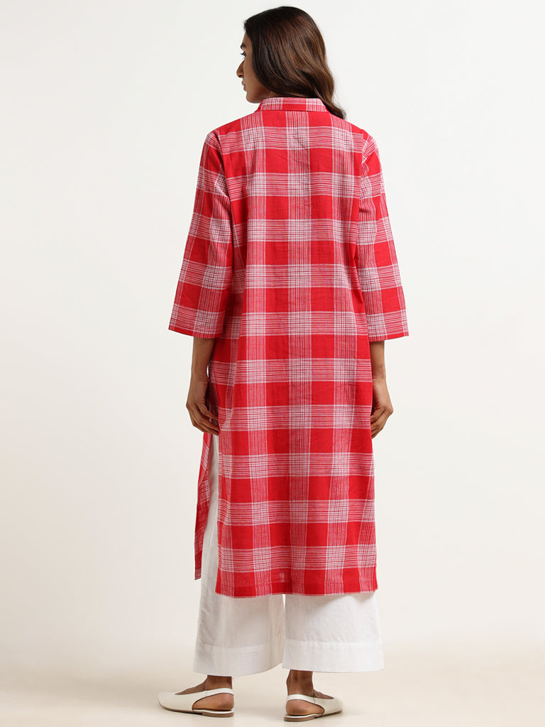 Utsa Red Checkered Cotton Kurta