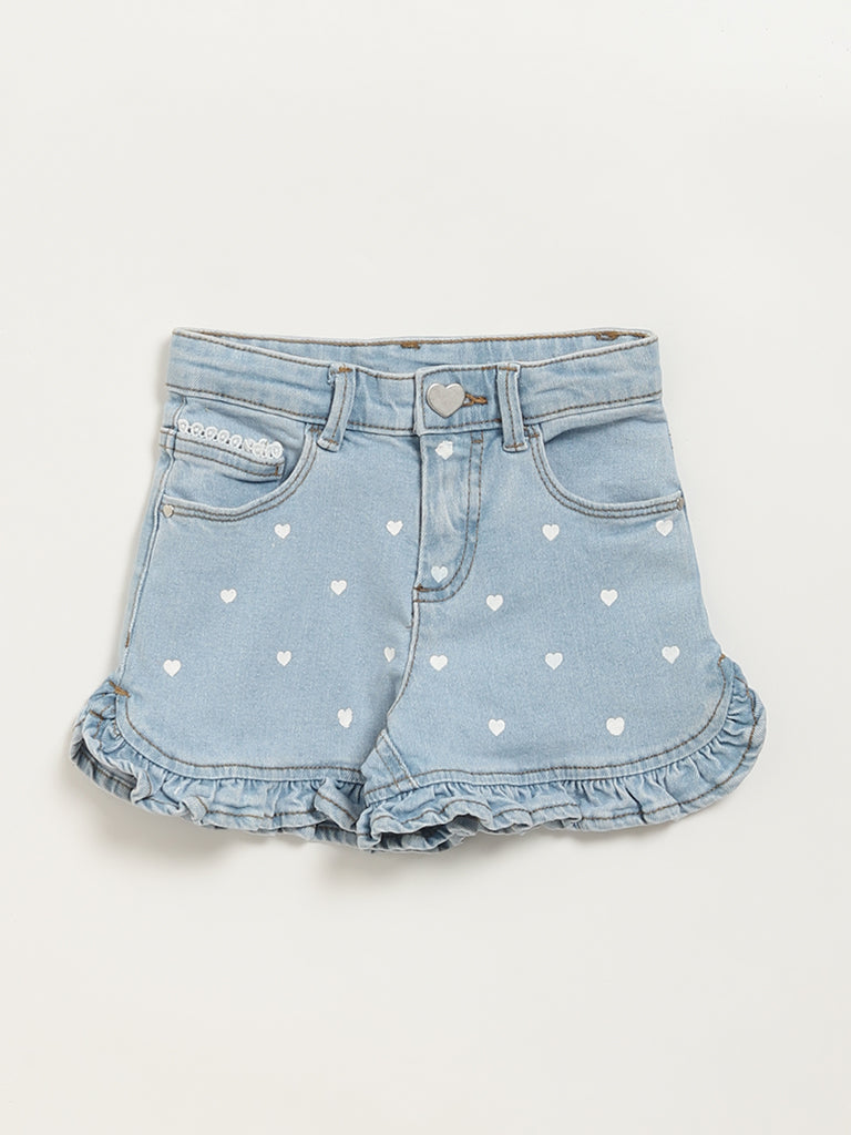 HOP Kids Blue Denim Printed Shorts