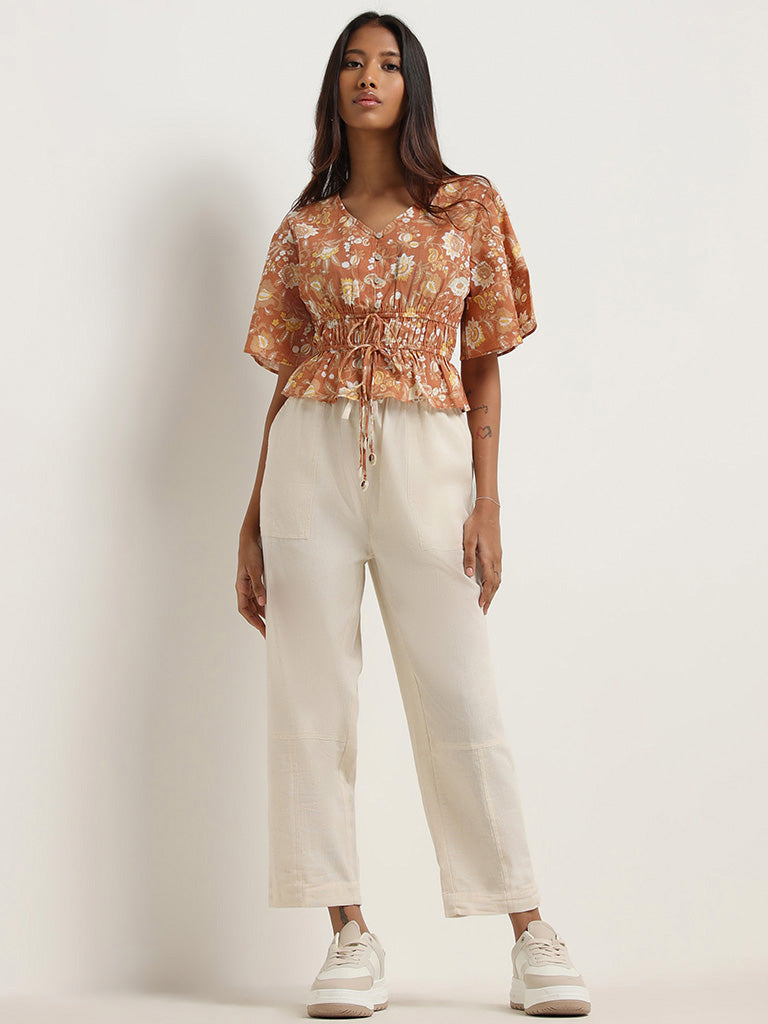 Bombay Paisley Off White Cotton Blend High-Waist Pants