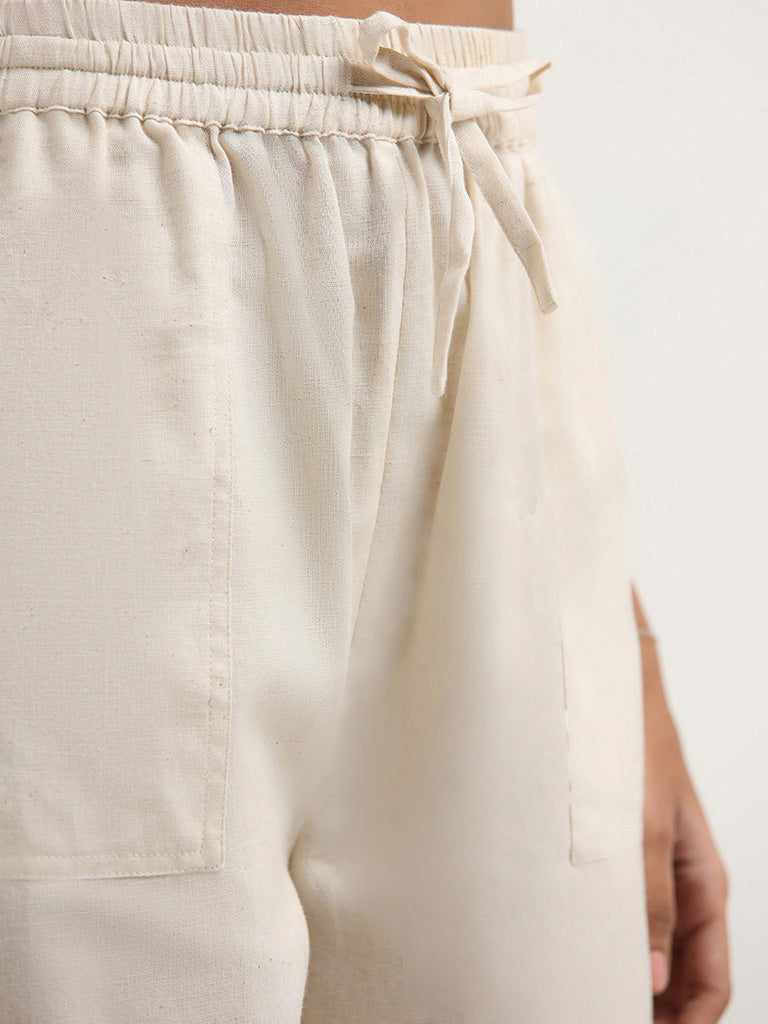 Bombay Paisley Off White Cotton Blend High-Waist Pants