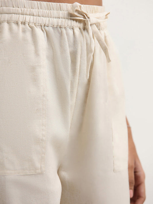 Bombay Paisley Off White Cotton Blend High-Waist Pants