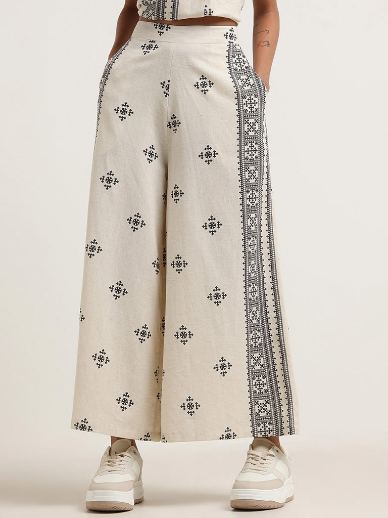 Bombay Paisley Off-White Printed Cotton Blend Palazzos