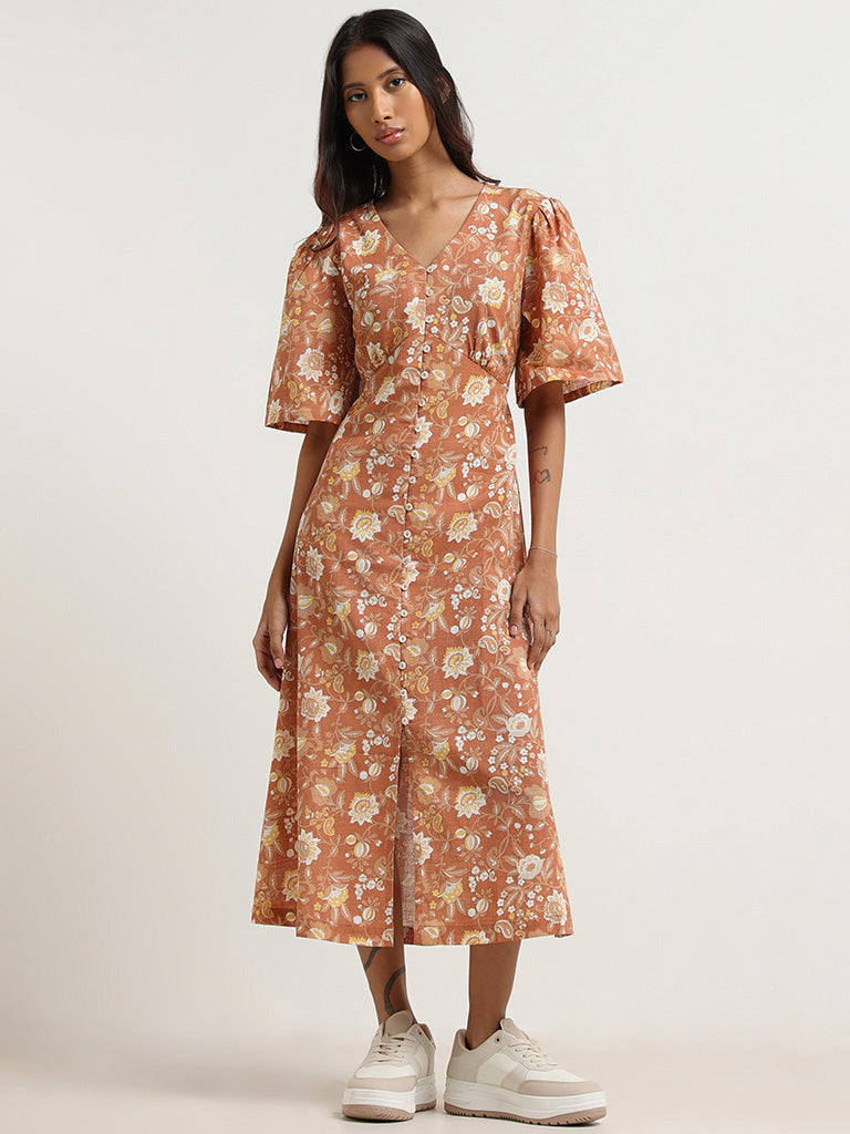 Bombay Paisley Brown Printed Cotton Shirt Dress