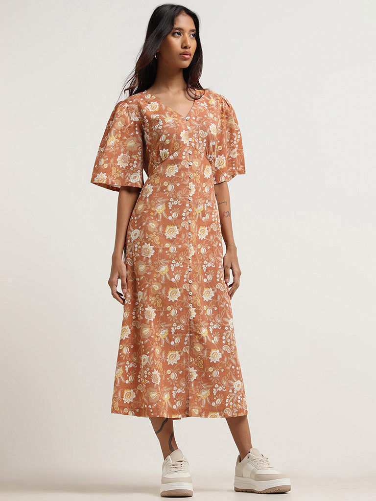 Bombay Paisley Brown Printed Cotton Shirt Dress