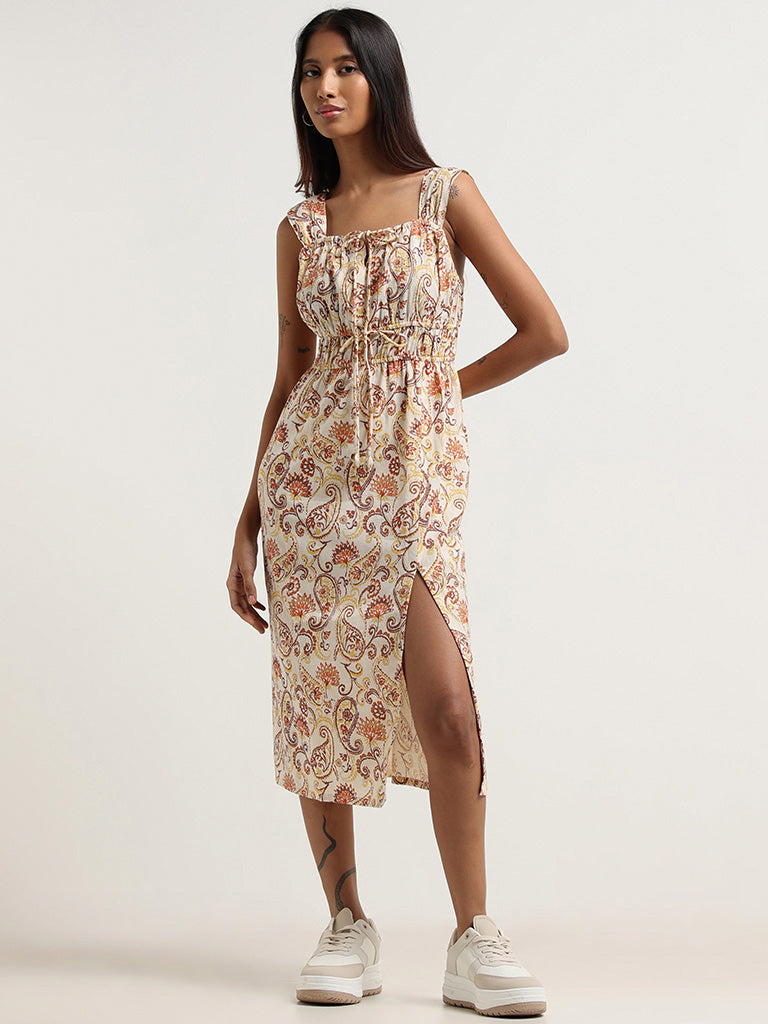 Bombay Paisley Off White Printed Cotton Blend Side Slit Dress