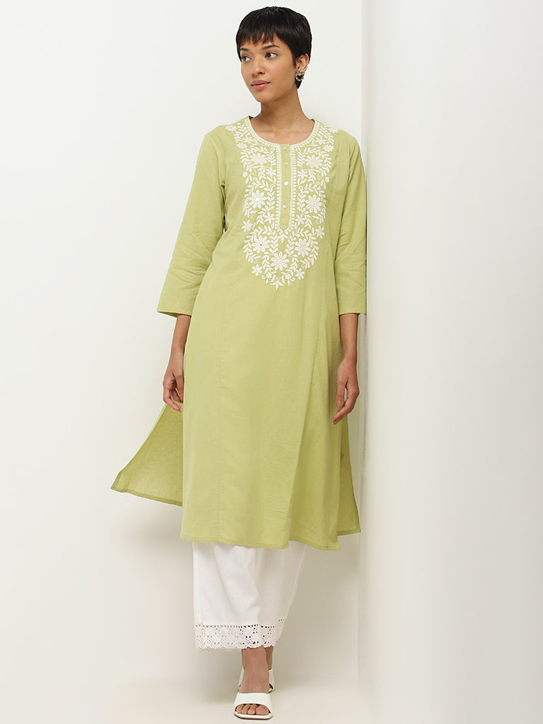 Utsa Green Chikankari Cotton Kurta