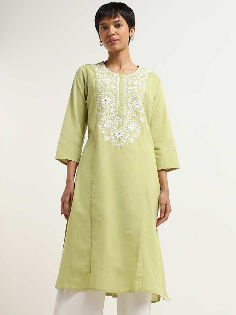 Utsa Green Chikankari Cotton Kurta