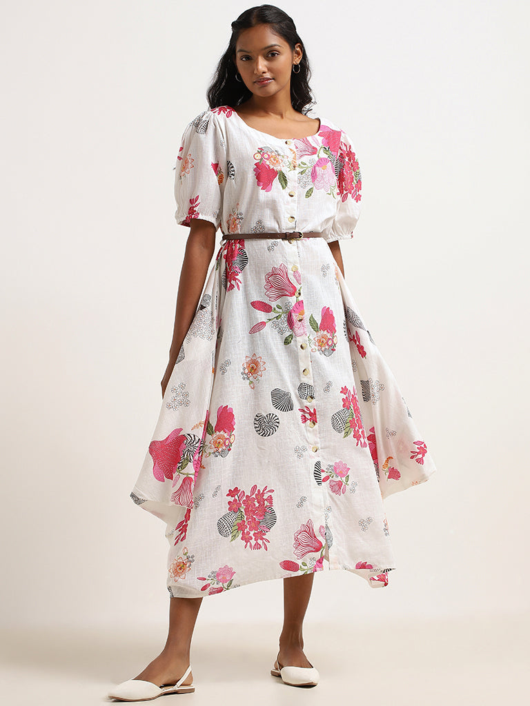 Utsa White Floral Cotton Midi Dress with Belt