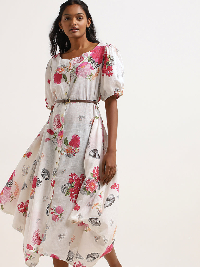 Utsa White Floral Cotton Midi Dress with Belt