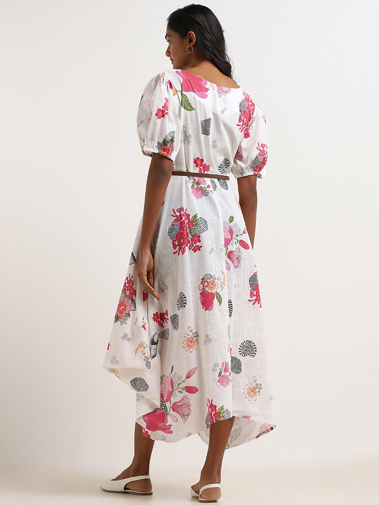 Utsa White Floral Cotton Midi Dress with Belt