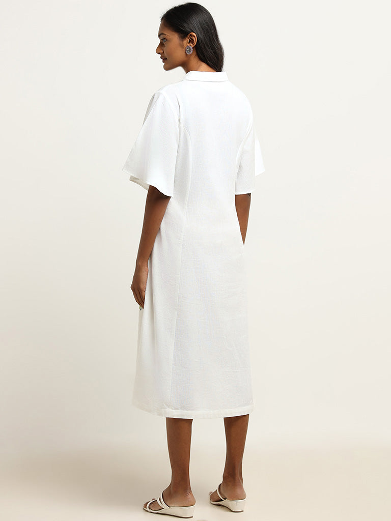 Utsa White Collared Blended Linen Midi Dress with Belt