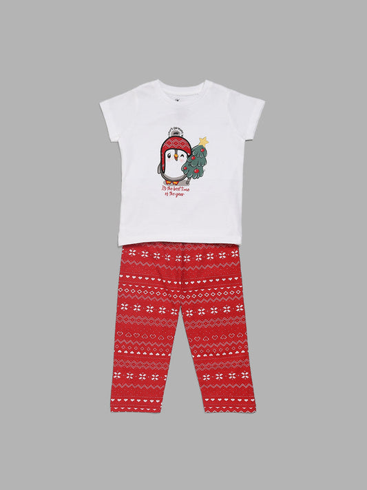 Wunderlove White & Red Christmas Printed Pyjamas Set In A Bag