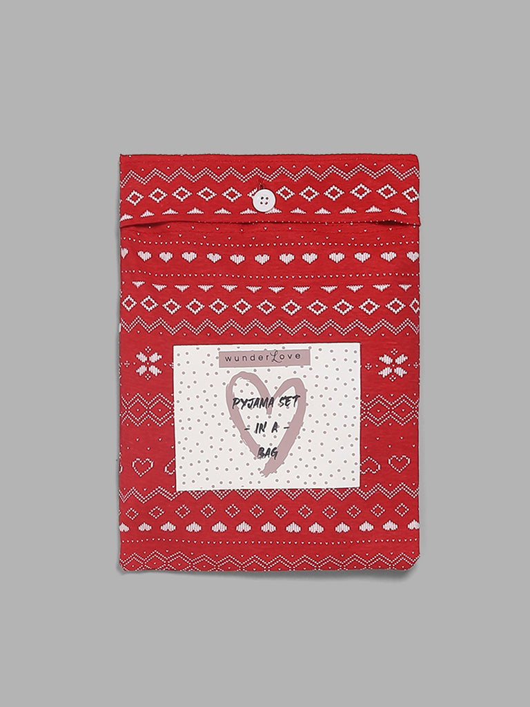 Wunderlove White & Red Christmas Printed Pyjamas Set In A Bag