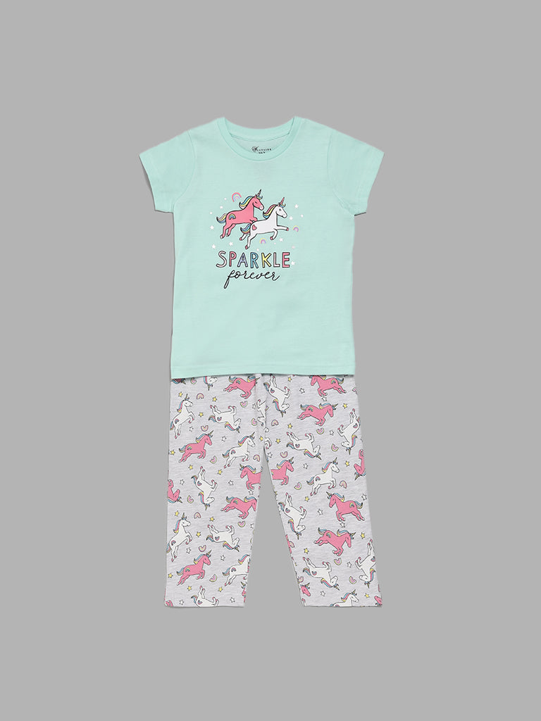 Wunderlove Mint Blue Unicorn Printed Pyjamas Set In A Bag