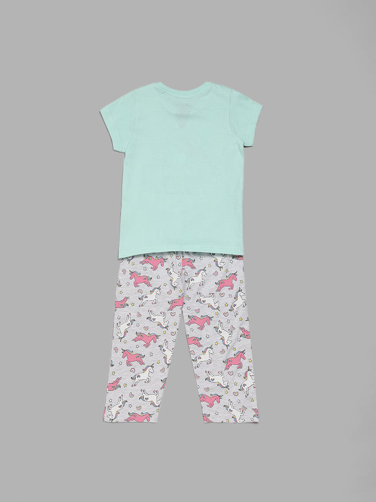 Wunderlove Mint Blue Unicorn Printed Pyjamas Set In A Bag