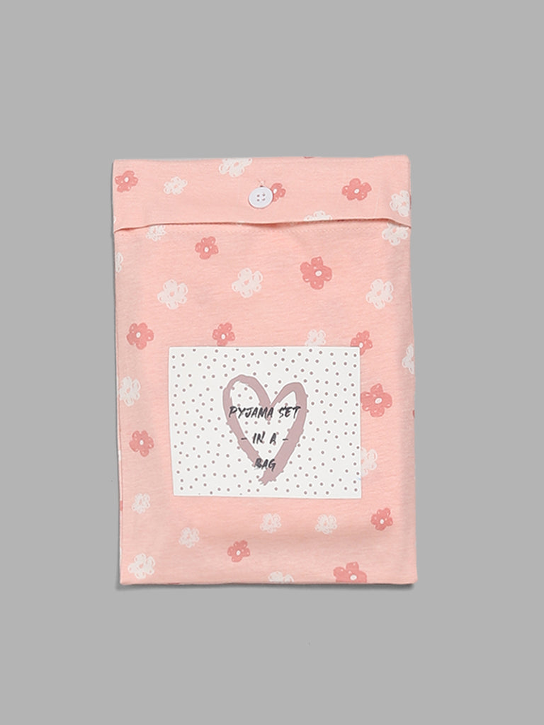 Wunderlove Floral Printed Peach Pyjamas Set In A Bag