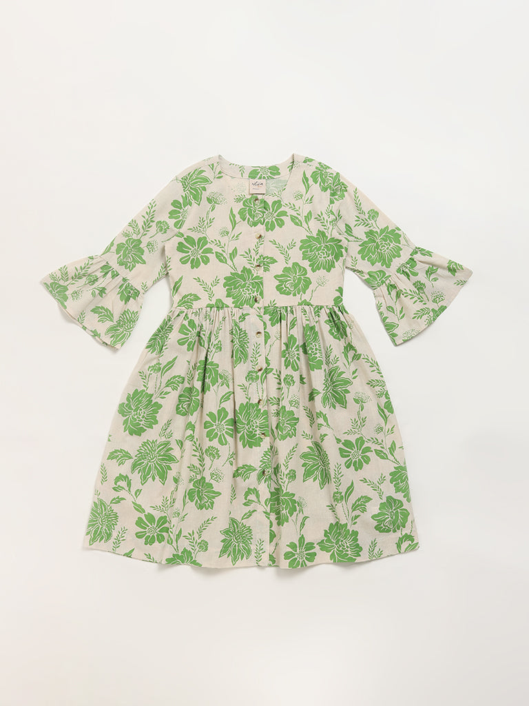 Utsa Kids Green Floral Printed Dress (8 -14yrs)