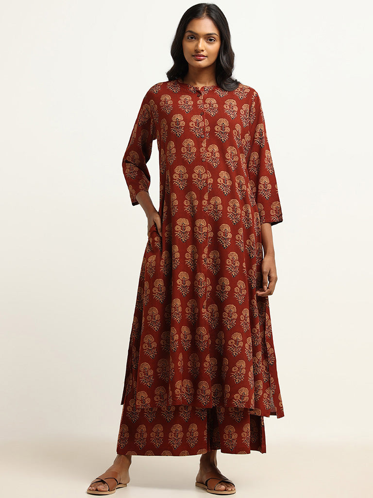 Utsa Maroon Printed Straight-Fit Kurta