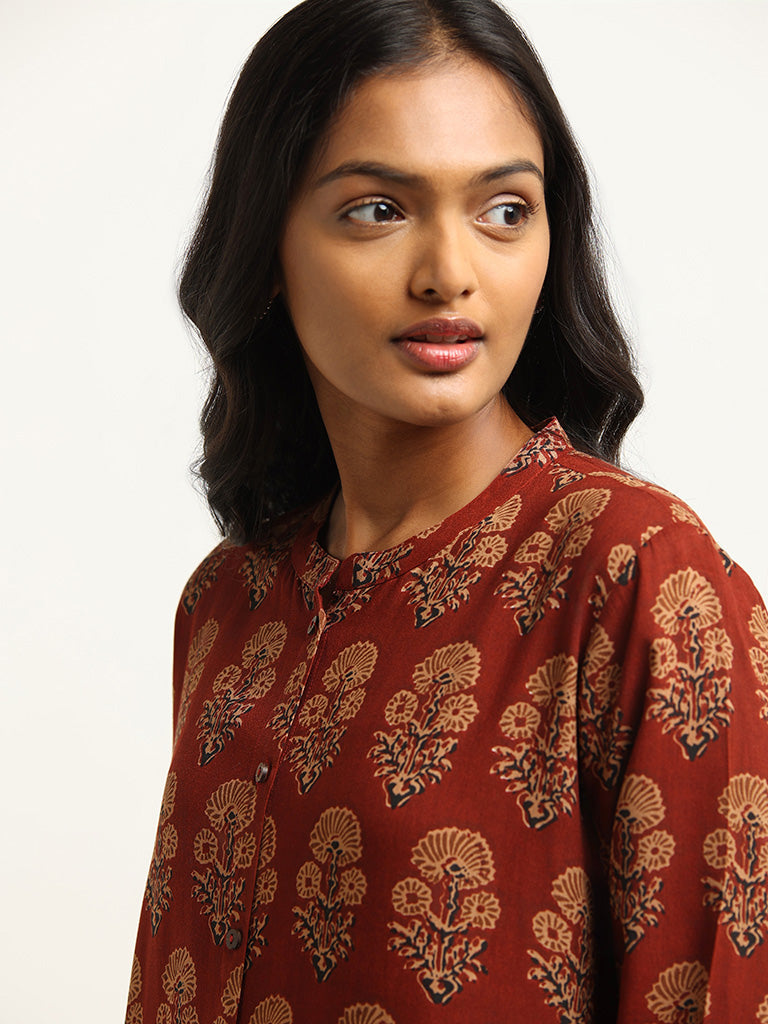 Utsa Maroon Printed Straight-Fit Kurta