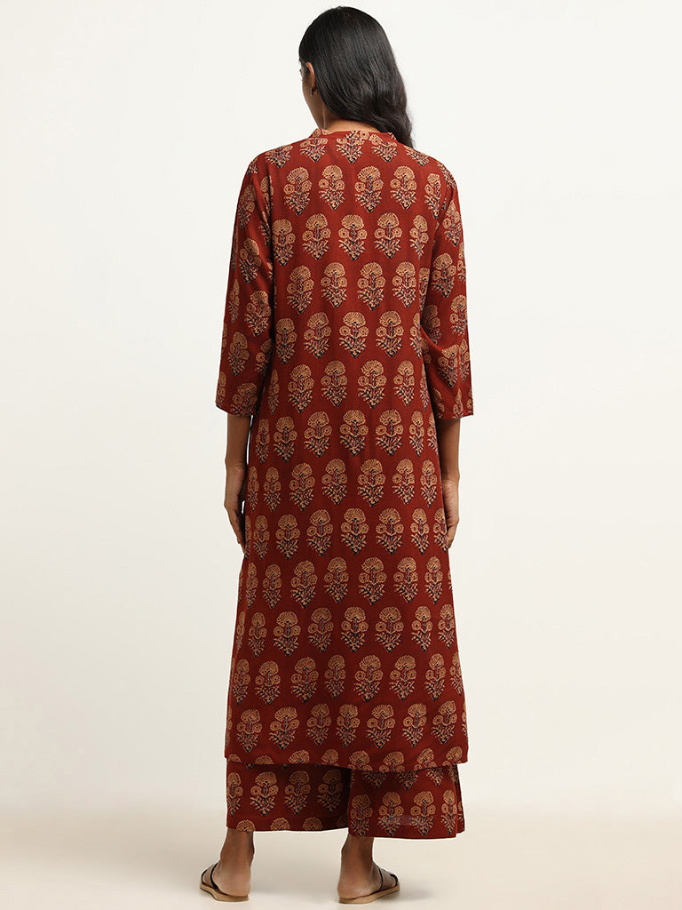 Utsa Maroon Printed Straight-Fit Kurta