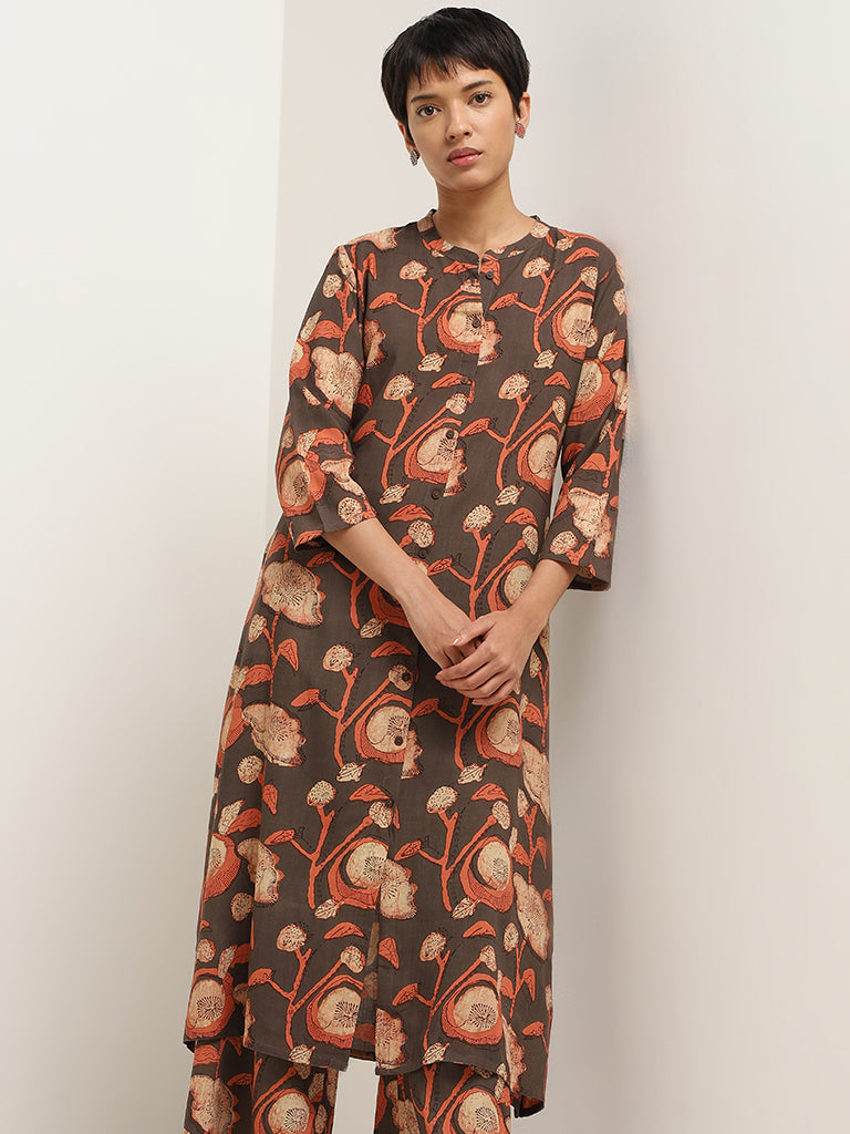 Utsa Brown Floral Print Cotton Kurta