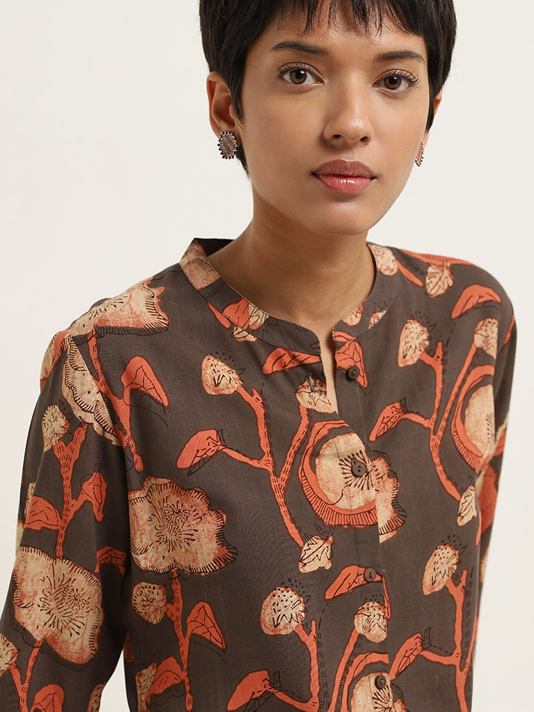 Utsa Brown Floral Print Cotton Kurta