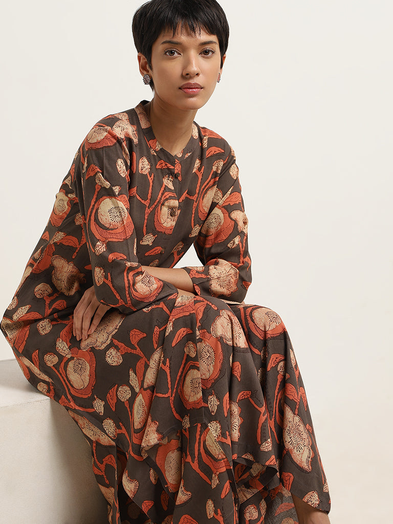 Utsa Brown Floral Print Cotton Kurta