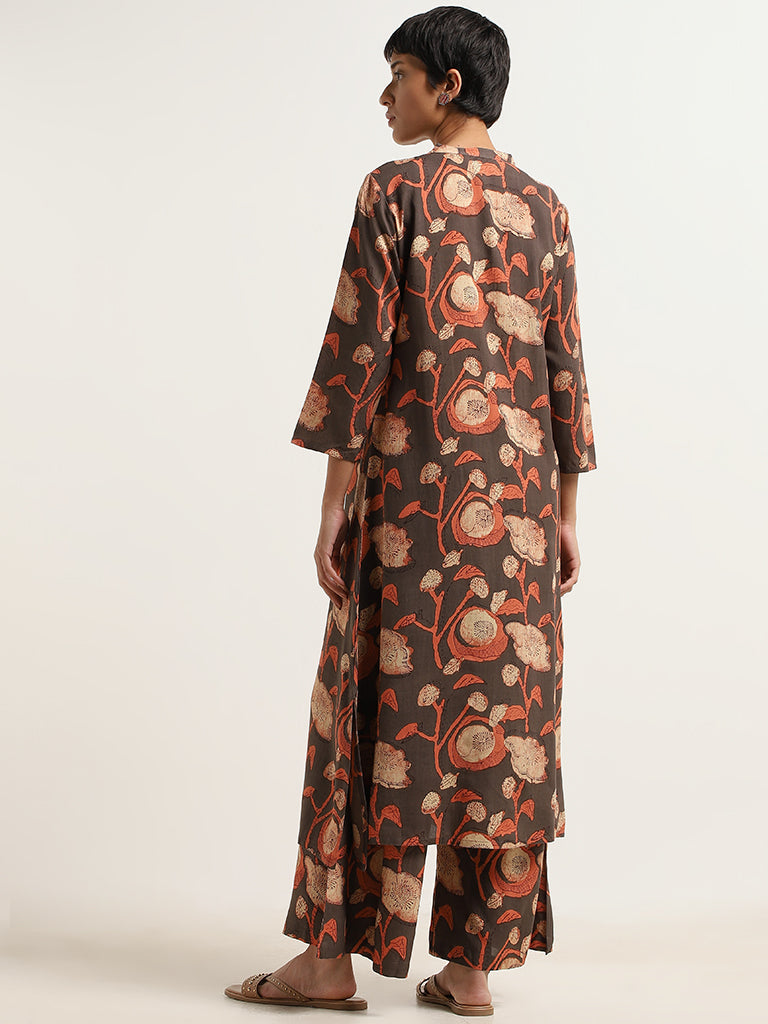 Utsa Brown Floral Print Cotton Kurta