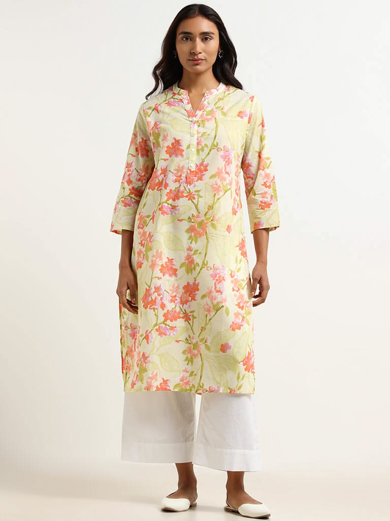 Utsa Yellow Floral Cotton Kurta