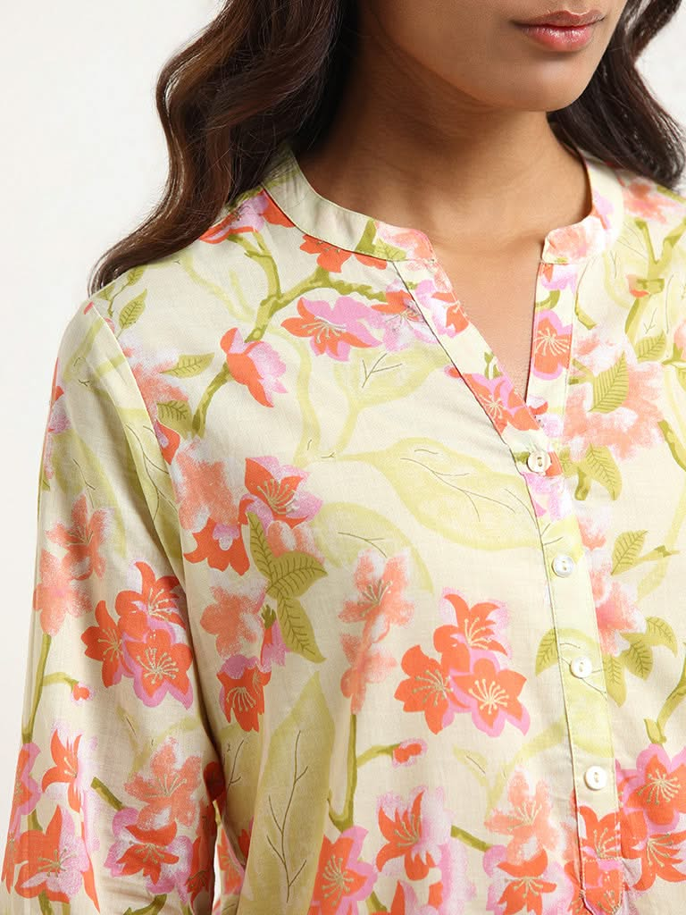 Utsa Yellow Floral Cotton Kurta