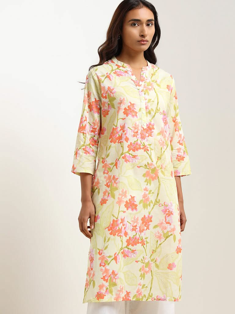 Utsa Yellow Floral Cotton Kurta